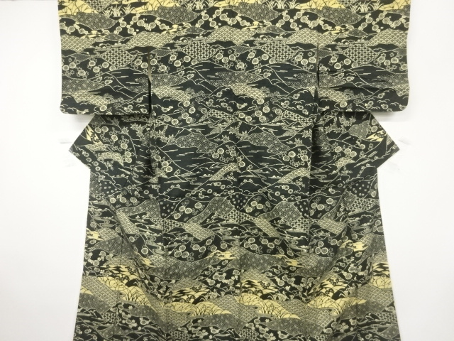 流水に花古典柄模様上代紬付け下げ着物